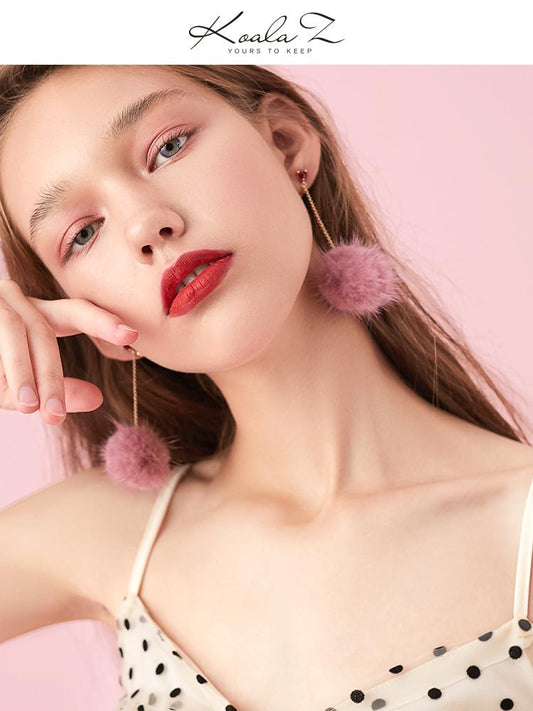 Japanese Joker slimming long mink fur ball love tassel earrings without earhole earclip female painless Joker - dianjiang-