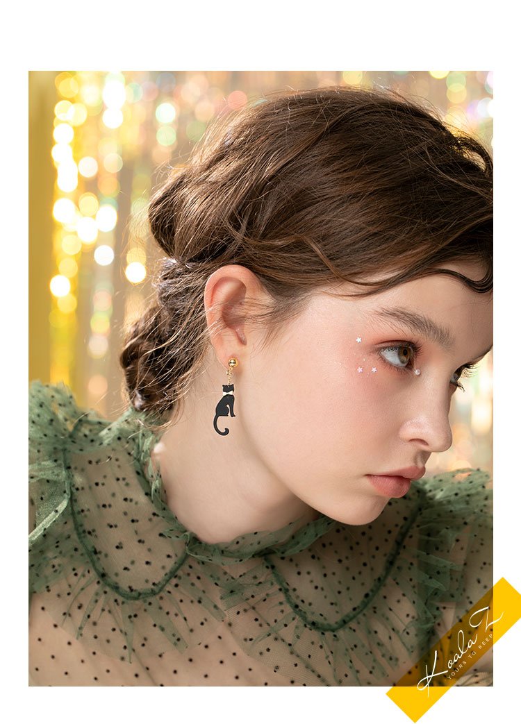 Personalized design sense Japanese order mysterious black cat elves earrings earrings without earholes earclip cute girl - dianjiang-