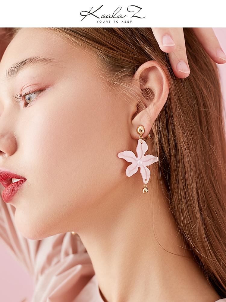 Japanese age reduction new pink Acrylic flower ceramic bead earring earrings no ear hole women hundred plated real gold - dianjiang-