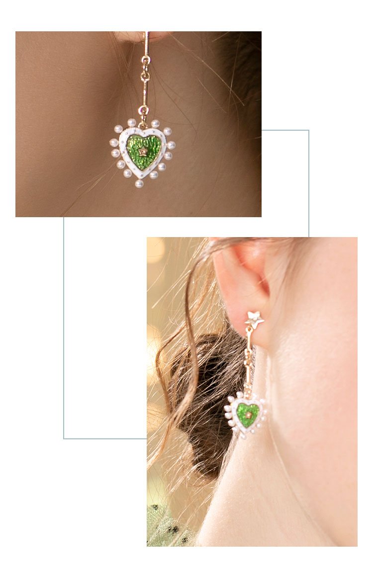 Vintage court wind big brand design green drop glazed love pearl ear nails painless earless ear clip female Lolita - dianjiang-