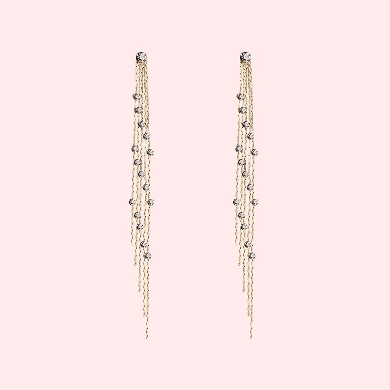 High-grade grey wire mesh red long tassel grey diamond earrings female ear clip without ear hole personality Joker Korea - dianjiang-