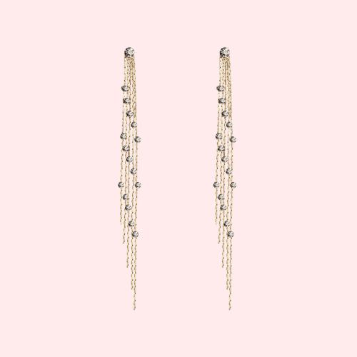 High-grade grey wire mesh red long tassel grey diamond earrings female ear clip without ear hole personality Joker Korea - dianjiang-