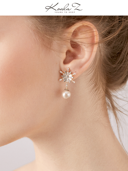 High grade cold wind flash drill boutique snowflake imitation pearl earrings ear clip earless female super immortal painless Japan - dianjiang-