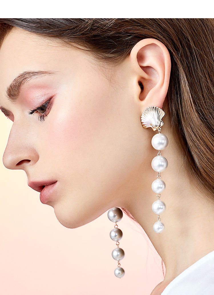 The design of Europe and the United States exaggerated cold wind temperament long mermaid tears metal shell imitation pearl earrings ear clip - dianjiang-