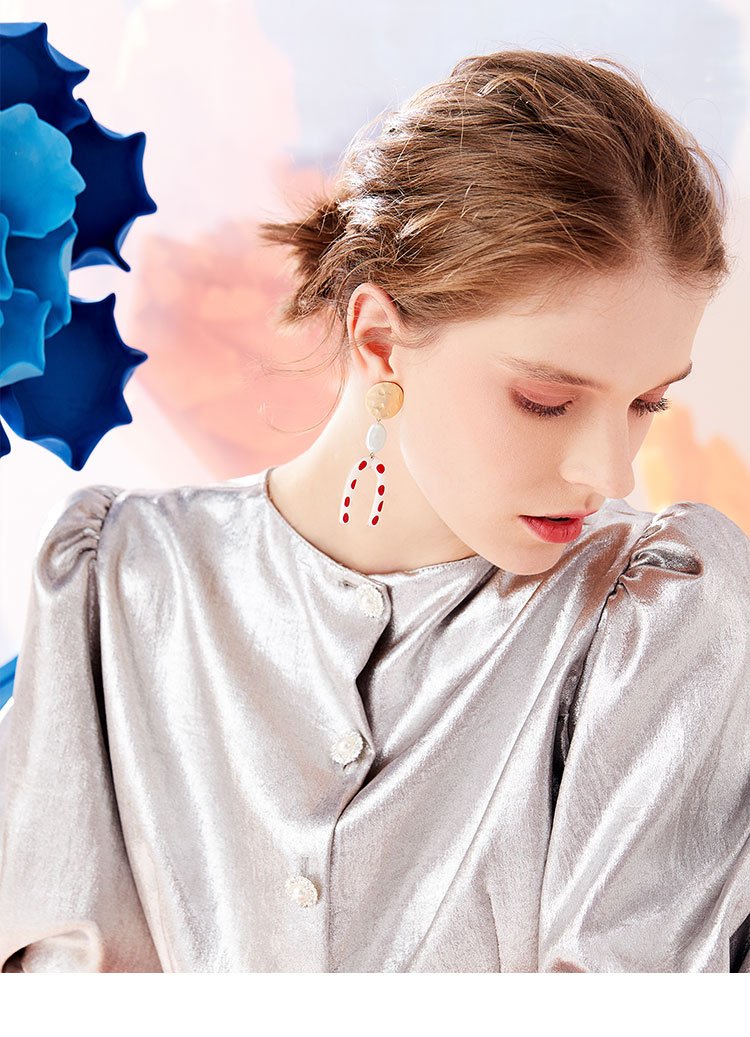 Modern retro harbor style! Hong Kong taste wave point U-shaped red glaze earrings earrings without ear holes - dianjiang-