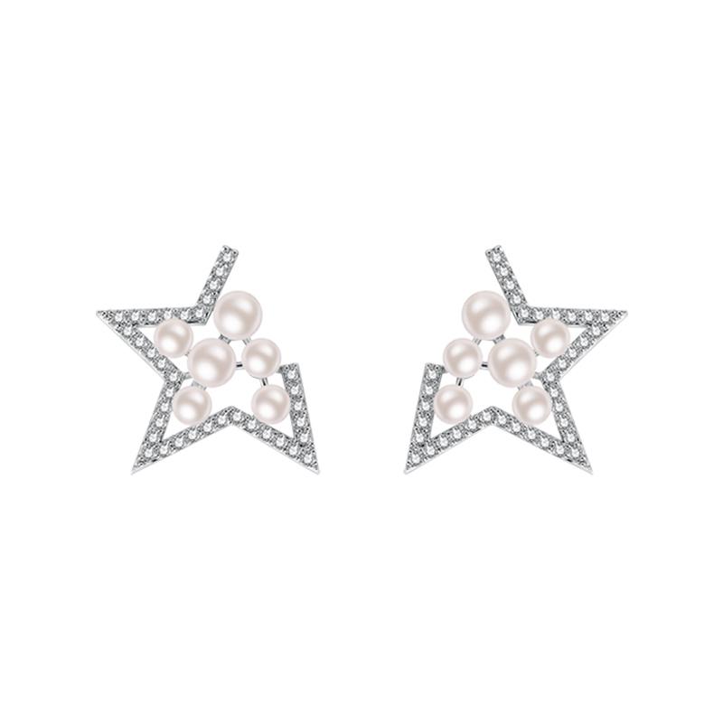 Europe and America Atmospheric exaggeration hollowed-out zircon crystal pearl missing angle pentagram ear clip Earless women's painless package - dianjiang-