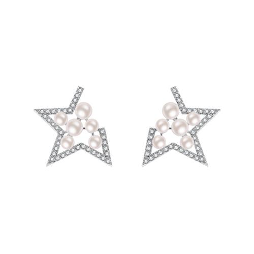 Europe and America Atmospheric exaggeration hollowed-out zircon crystal pearl missing angle pentagram ear clip Earless women's painless package - dianjiang-