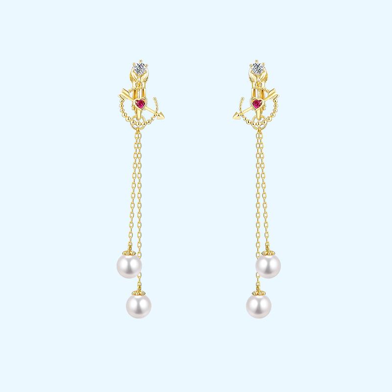 Cupid's Arrow Chic red love pearl long tassel earrings ear clip no ear hole girl - dianjiang-