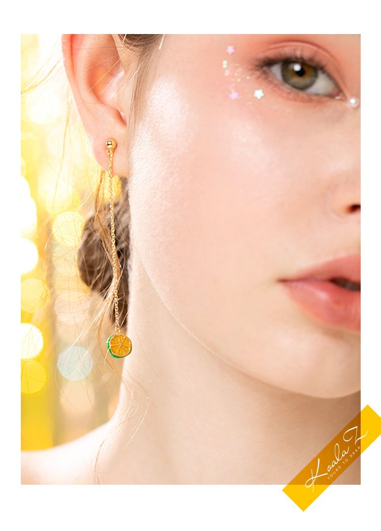 Hand glazed small fresh lemon long asymmetric earrings earrings ear clip without ear hole female lovely Korean - dianjiang-