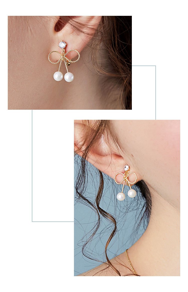 Cute metal bow, zircon, small pearl, delicate earnail, no ear hole, no pain, ear clip, women's daily versatility - dianjiang-