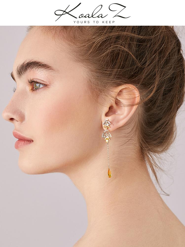 Super-Immortal Heavy Industry hand-made asymmetrical hollowed-out inlaid yellow drill tassel water drop flower earrings ear clip no ear hole girl - dianjiang-