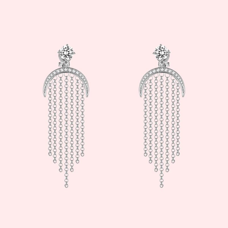 Light and extravagant temperament super fairy long silver moon with Tassel Earrings and Earrings without pain and earholes - dianjiang-