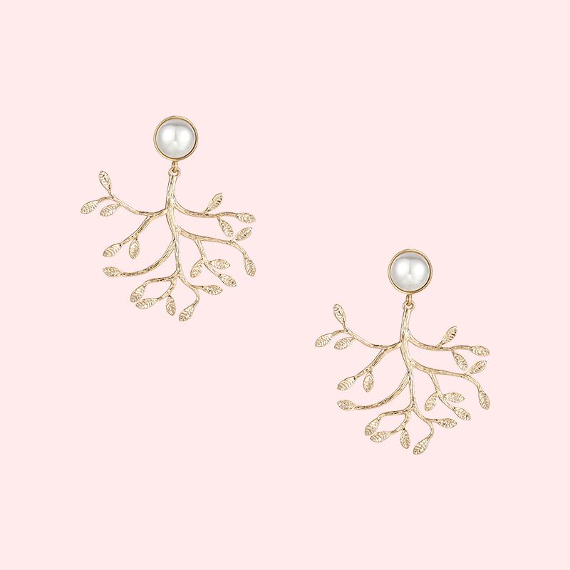 European and American exaggerated thin pearl metal tree leaf ear stud earrings no ear hole ear clip female personality - dianjiang-