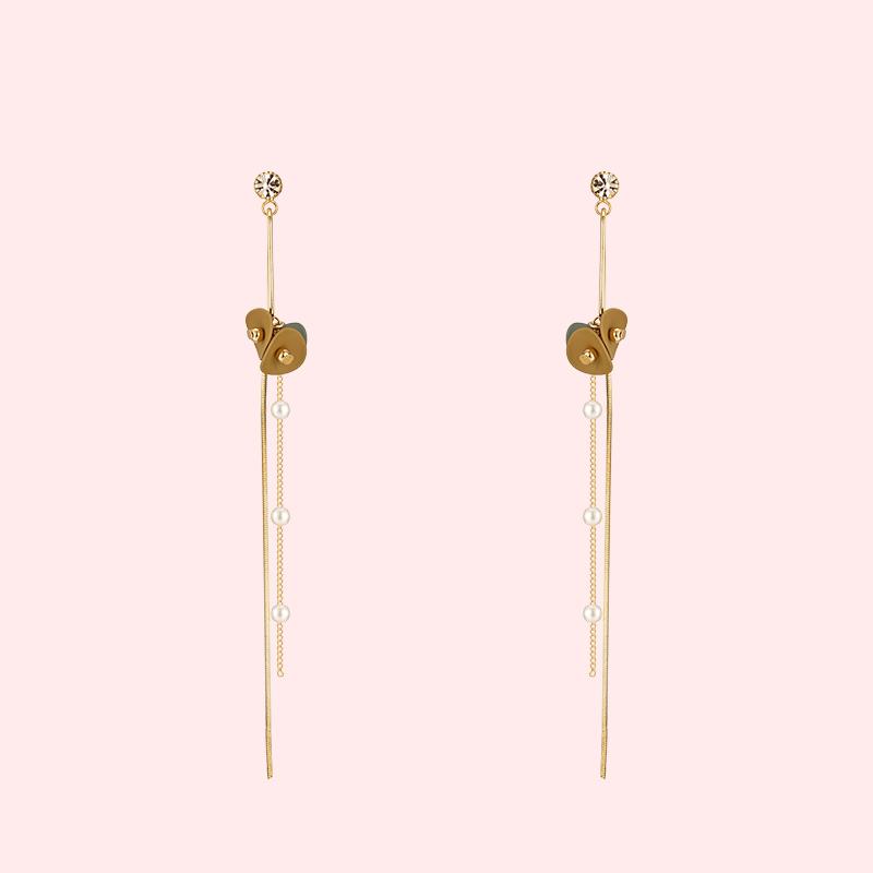 Morandi yellow-green sanded small leaves metal tassel long ear nails earless ear clip girl - dianjiang-