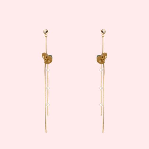 Morandi yellow-green sanded small leaves metal tassel long ear nails earless ear clip girl - dianjiang-