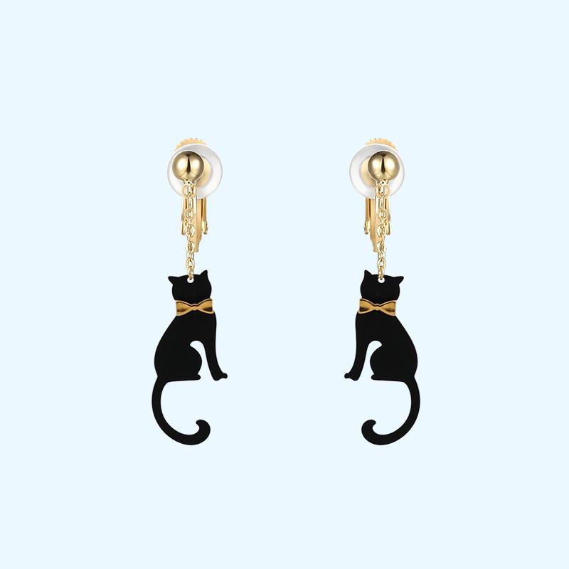 Personalized design sense Japanese order mysterious black cat elves earrings earrings without earholes earclip cute girl - dianjiang-