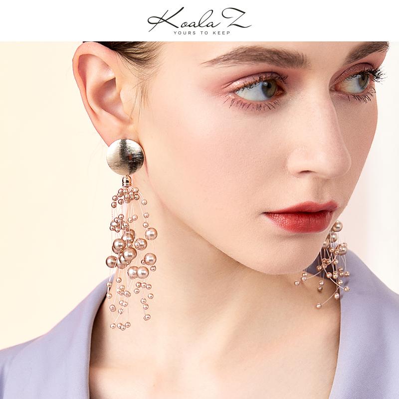 European and American personality exaggeration star champagne pearl grape string Earrings ear clip earless female long tassel round face - dianjiang-