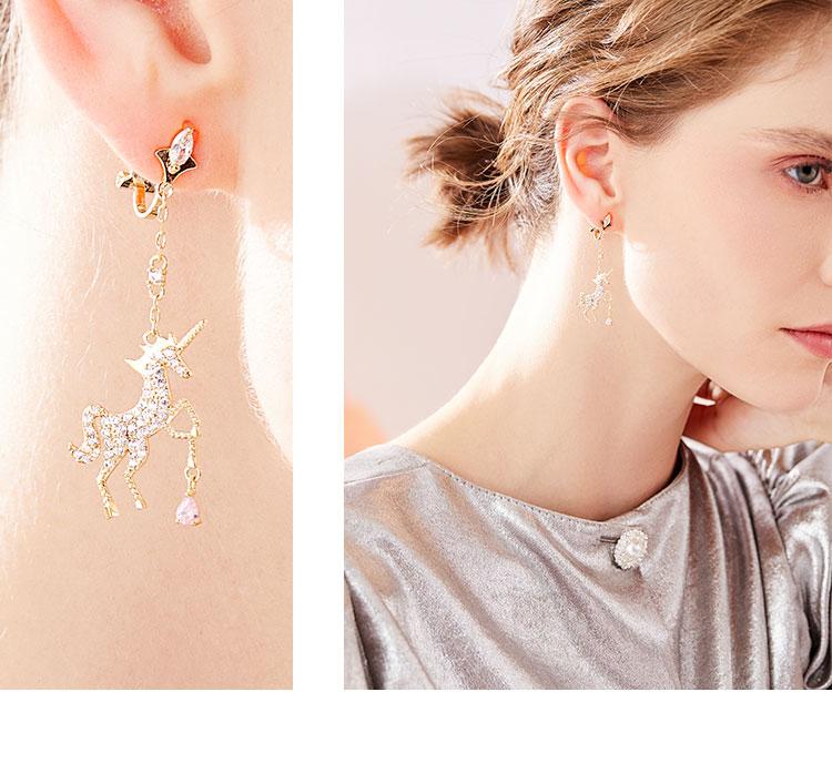 Cute dreamy pink girl heart asymmetric metal full diamond unicorn ear-hook earrings without ear-hole earrings - dianjiang-