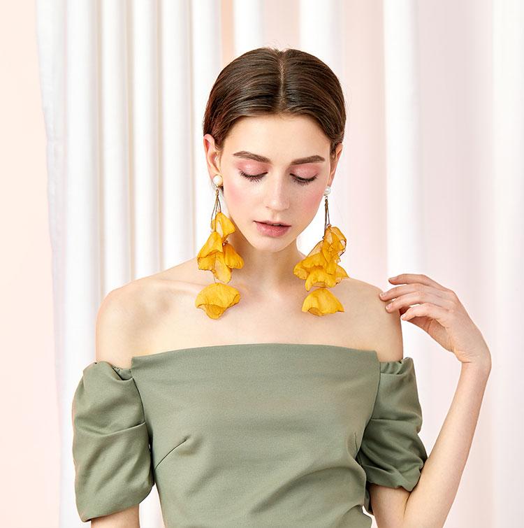 Imported Korea elegant fabric summer fresh chiffon fabric flowers long tassel earrings ear clip without ear holes - dianjiang-