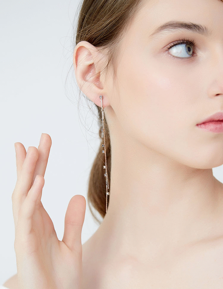 Advanced grey round face slimming front and back double grey drill ear line long tassel earrings ear clip without ear hole female painless - dianjiang-