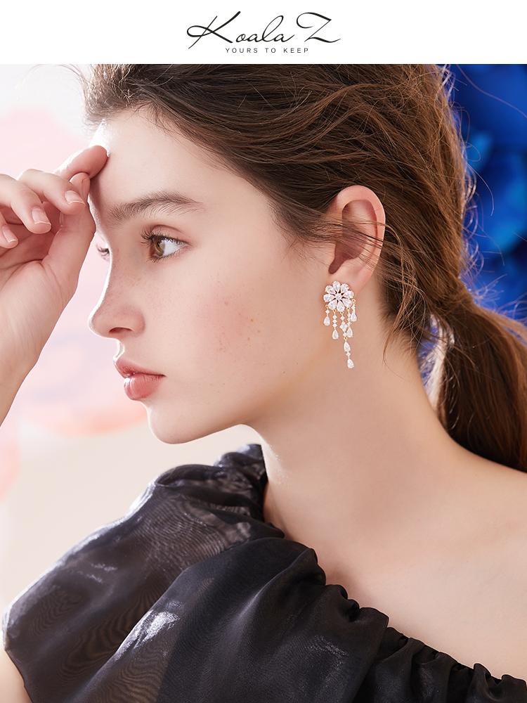 Heavy Industry Hand for 5A Zirconium Smart waterfall flower crystal tassel earrings painless earless clip girl - dianjiang-