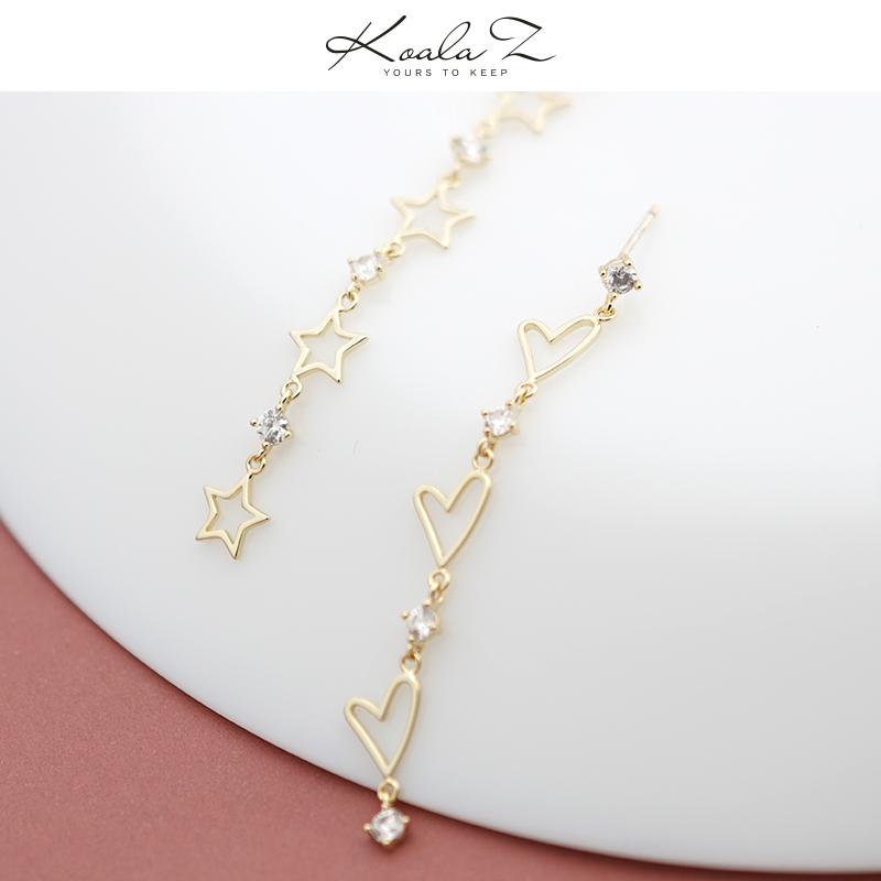 Fine point inlay welding process! Asymmetric love Star Long tassel earring with no ear hole and clip girl temperament - dianjiang-