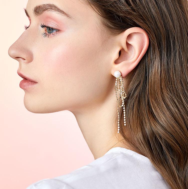 Design sense: round face, thin metal fringe, bow knot, pearl like long earring, ear clip, no ear hole, female Japan - dianjiang-