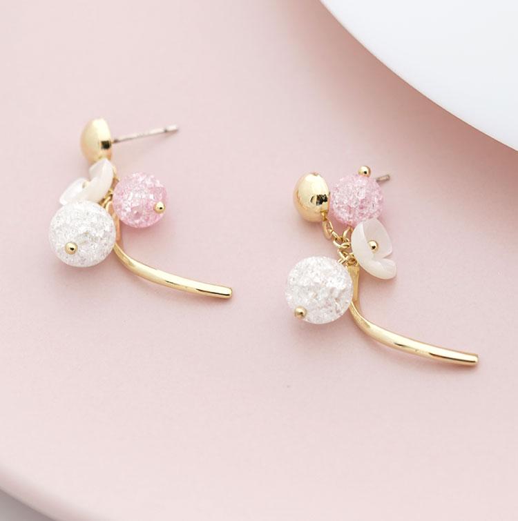 High grade natural shell, pink crystal, popping flower, curved earring, no earhole, no pain, ear clip, female Japan - dianjiang-