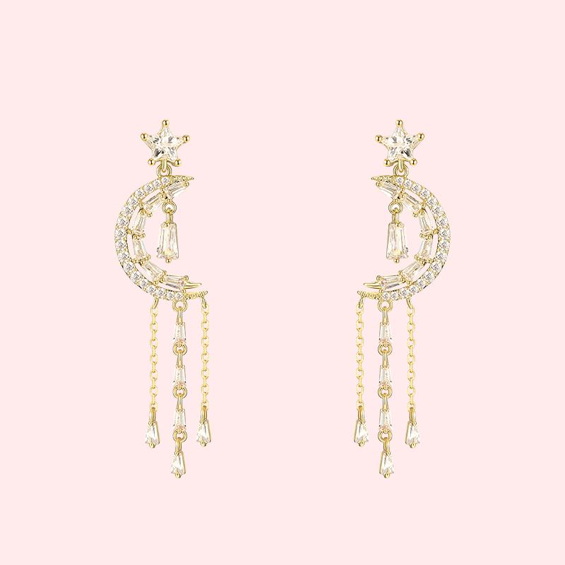Fresh temperament crystal star moon Tassel Earrings Earrings earstuds painless earhole earclip female - dianjiang-