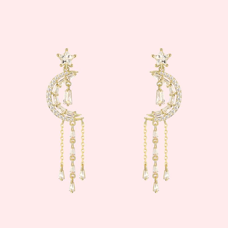 Fresh temperament crystal star moon Tassel Earrings Earrings earstuds painless earhole earclip female - dianjiang-