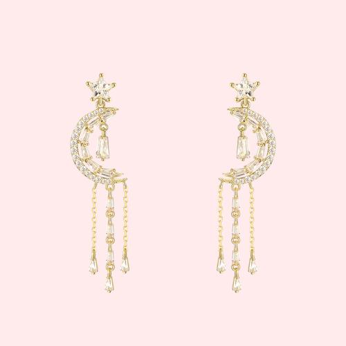 Fresh temperament crystal star moon Tassel Earrings Earrings earstuds painless earhole earclip female - dianjiang-