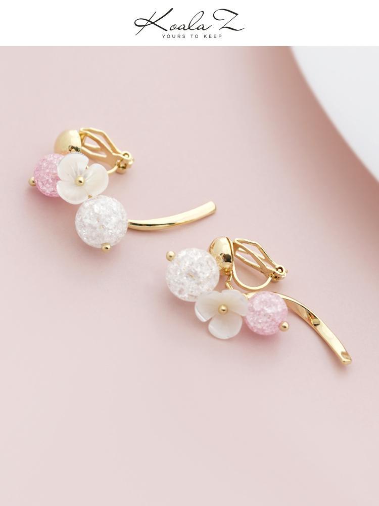 High grade natural shell, pink crystal, popping flower, curved earring, no earhole, no pain, ear clip, female Japan - dianjiang-