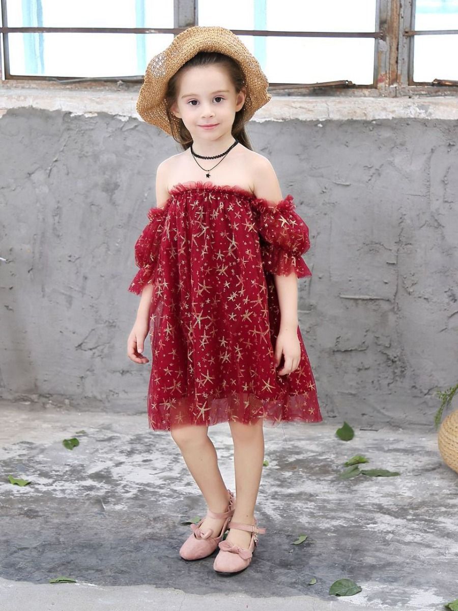 Off-shoulder Gold Star Ruffle Tulle Dress For Little Big Girl - dianjiang-