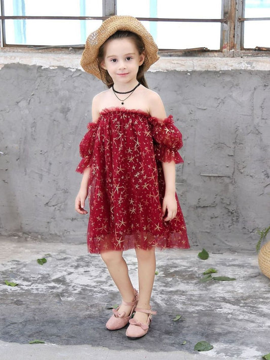 Off-shoulder Gold Star Ruffle Tulle Dress For Little Big Girl - dianjiang-