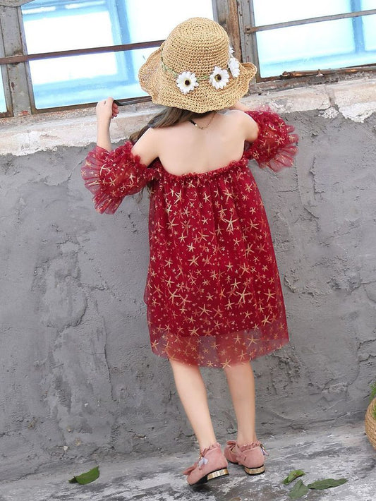 Off-shoulder Gold Star Ruffle Tulle Dress For Little Big Girl - dianjiang-
