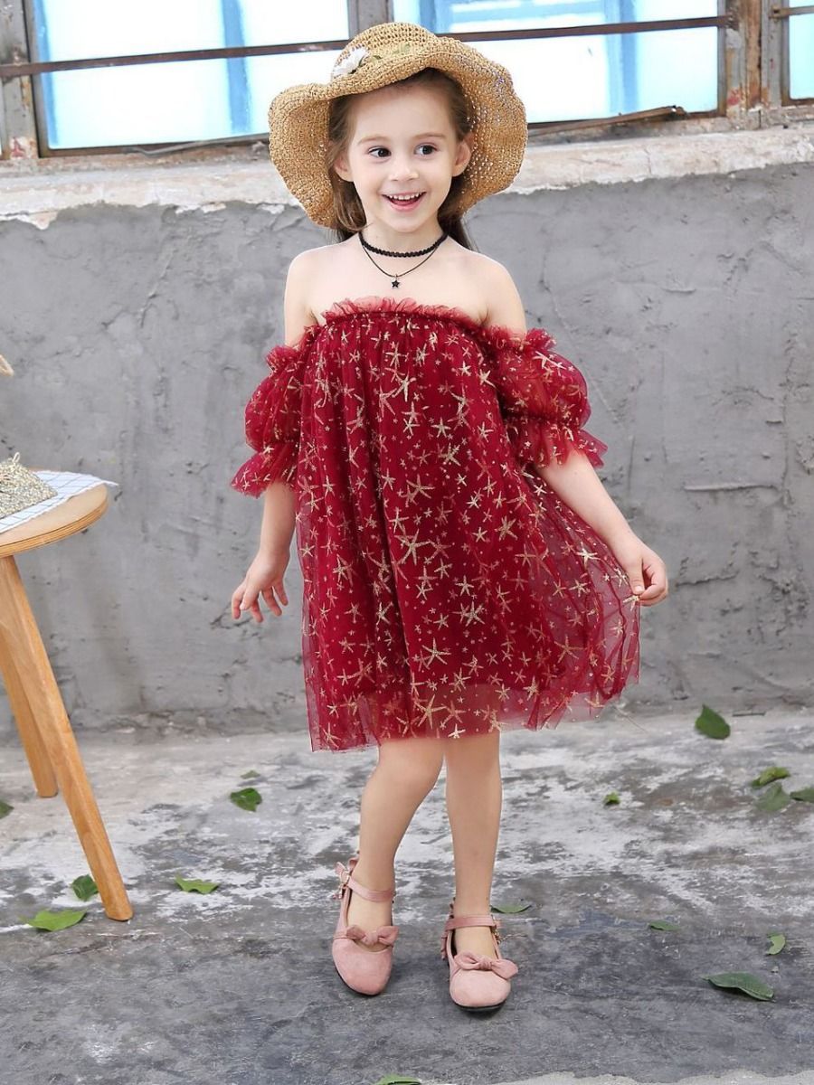 Off-shoulder Gold Star Ruffle Tulle Dress For Little Big Girl - dianjiang-