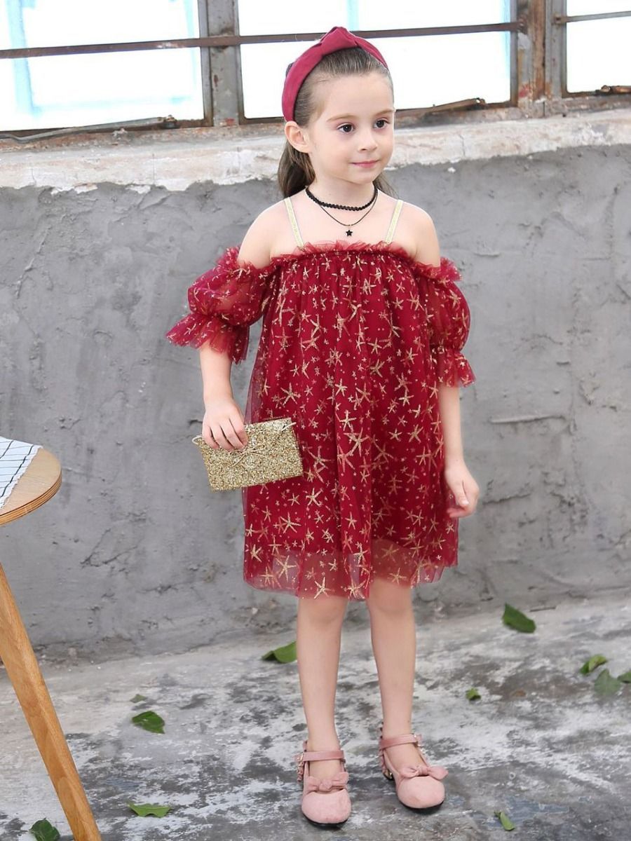 Off-shoulder Gold Star Ruffle Tulle Dress For Little Big Girl - dianjiang-