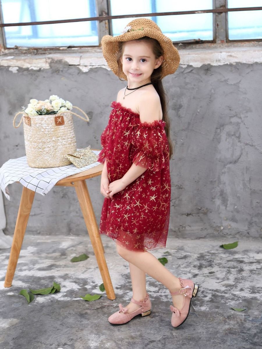Off-shoulder Gold Star Ruffle Tulle Dress For Little Big Girl - dianjiang-