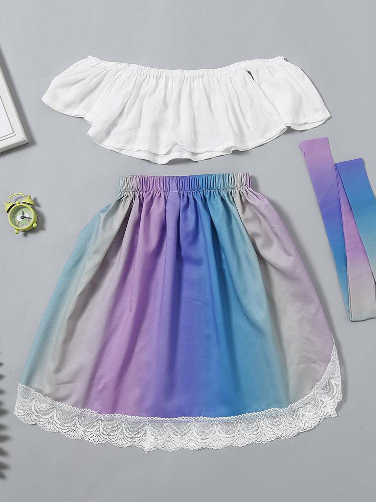Stylish Infant Little Girl Clothes White Off Shoulder Top+ Lace Colorful Skirt+Headband Outfits - dianjiang-