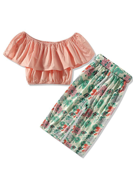 Trendy Toddler Little Girl 2-Piece Outfit Off Shoulder Top Matching Bow Flower Pants - dianjiang-