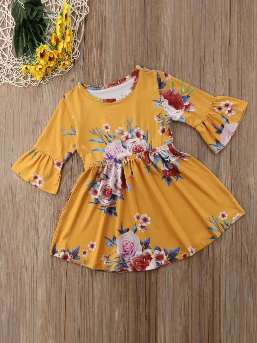 Vintage Bell-sleeved Flower One-Piece Dress for Spring Autumn Baby Little Girl - dianjiang-