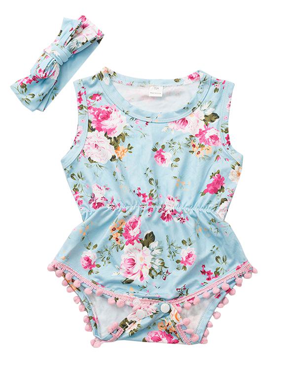 Pom Pom Trimmed Sleeveless Floral Infant Onesie with Headband - dianjiang-