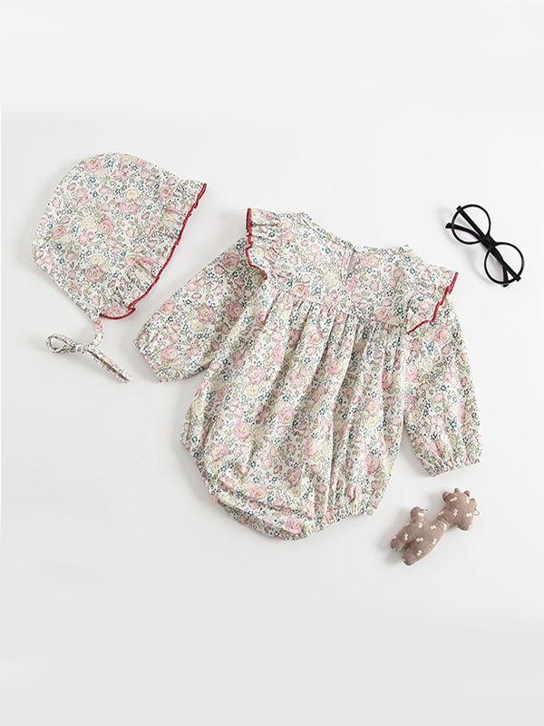 Floral Print Pleated Romper Onesies with Detachable Hat 2-piece Set - dianjiang-