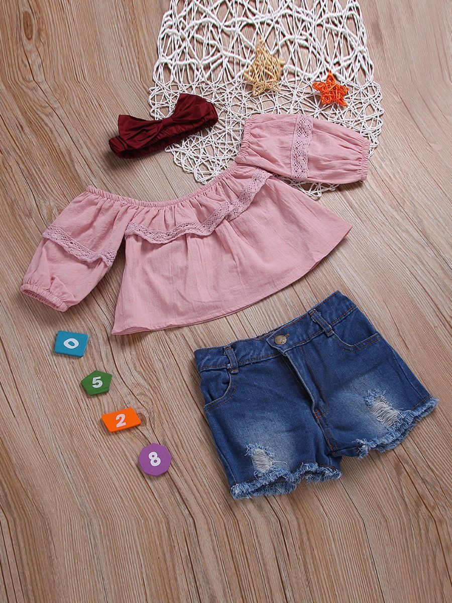 3-piece Casual Clothes Outfits Set Pink Lace-trimmed Shirt Top+ Fringe Hem Ripped Denim Shorts+Red Bow Headband - dianjiang-