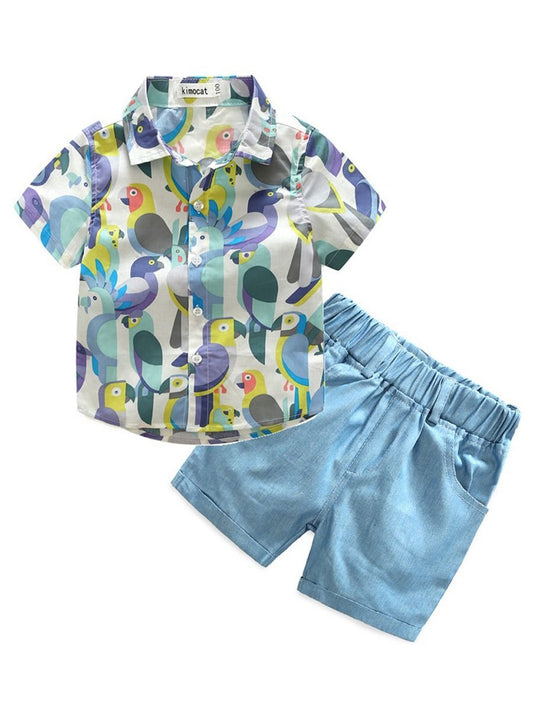 Parrot Shirt+Blue Shorts 2-Piece Summer Little Big Boy Outfit - dianjiang-