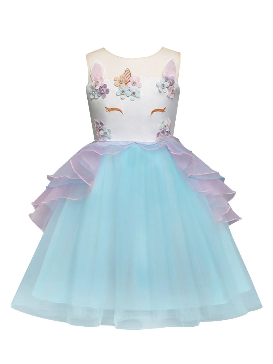 Blue and Purple Trendy Flower Unicorn Pattern Princess Dress Summer Tulle Lace Party Dress - dianjiang-