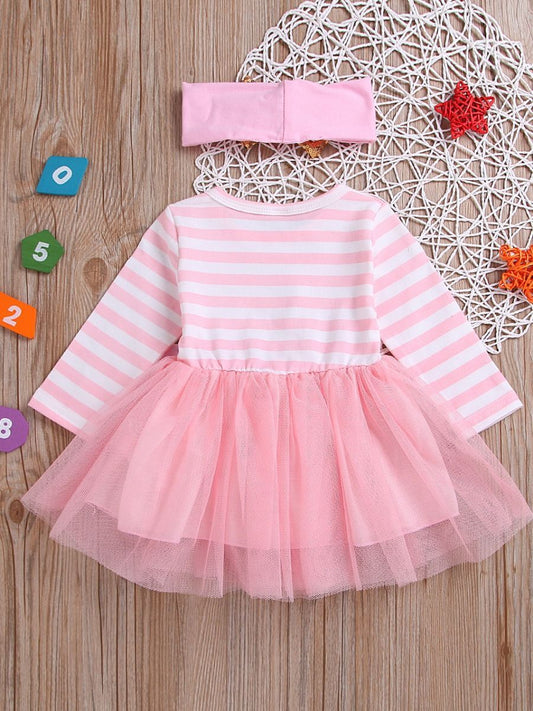 Striped Tulle Patchwork Bow Party Dress with Sequin Bowknot Headband - dianjiang-