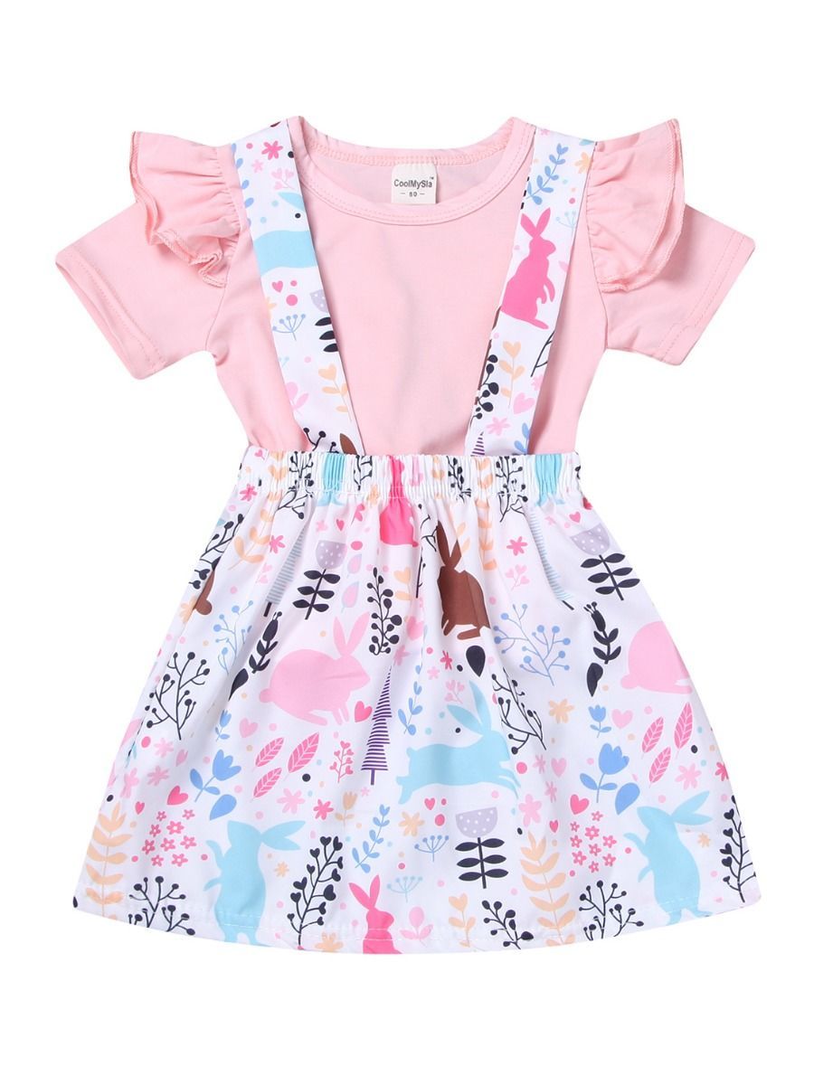 2-Piece Outfits Flutter Sleeve Pink T-shirt+Bunny Jumper Skirt for Toddler Baby Girl - dianjiang-