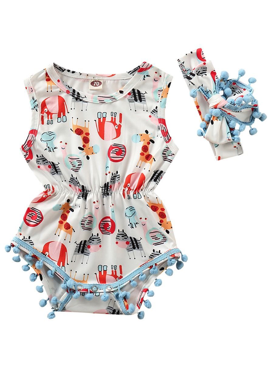 Pom Pom Trimmed Cartoon Animal Print Summer Romper Matching Headband - dianjiang-