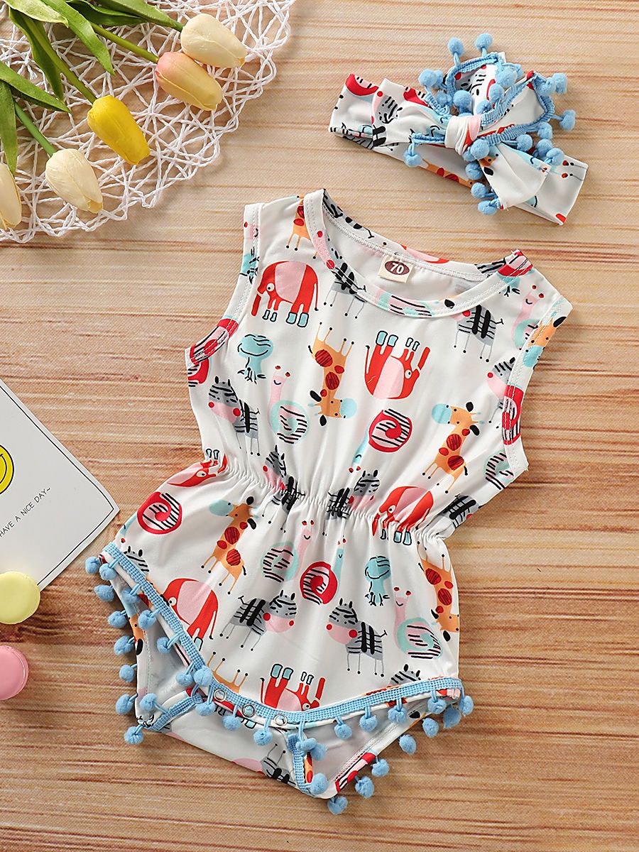 Pom Pom Trimmed Cartoon Animal Print Summer Romper Matching Headband - dianjiang-